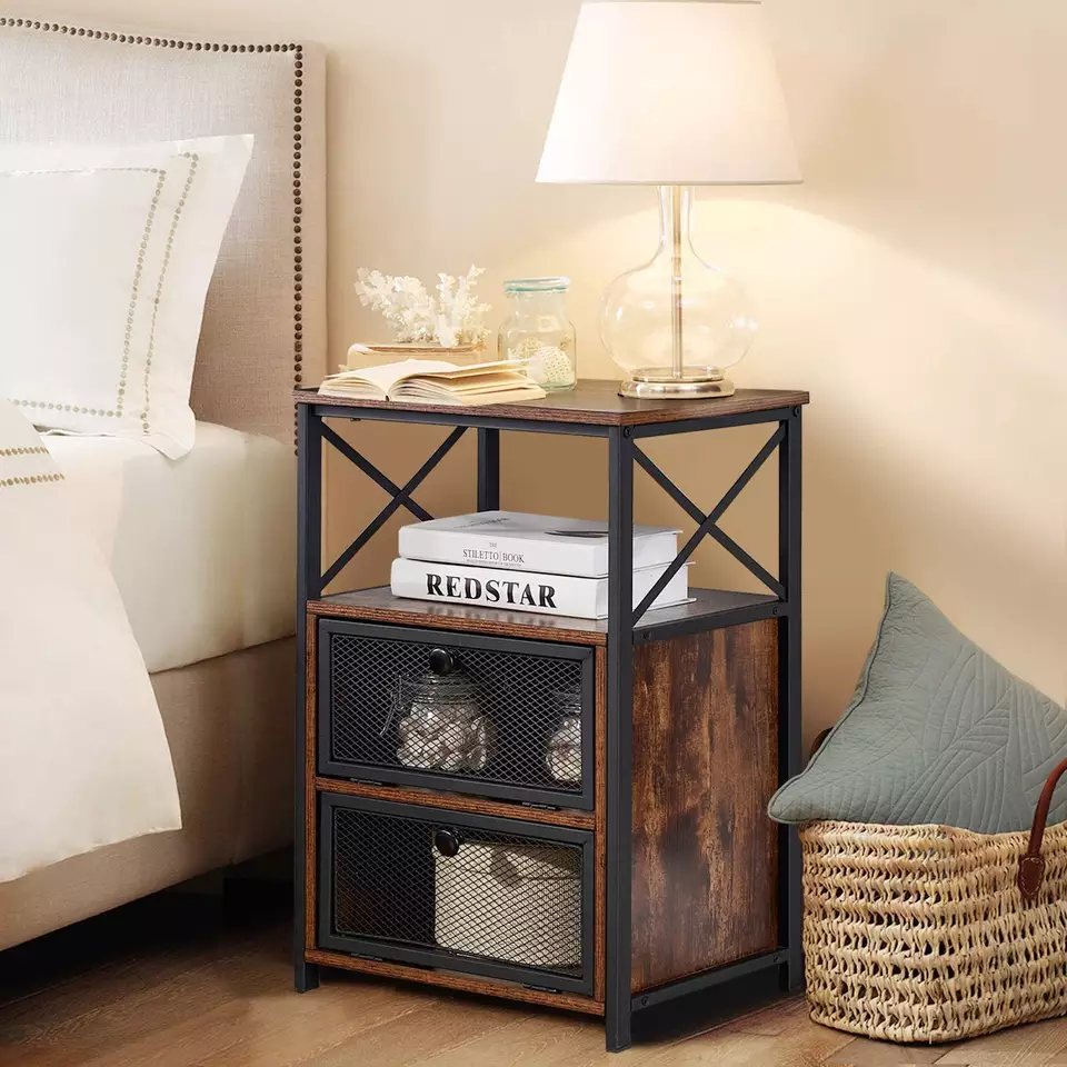 Modern End Bed Side Table with Storage Space Door Nightstands with Flip Drawers Night Stand for Livingroom Bedroom