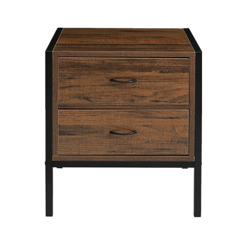 Industrial design retro bedside table with black metal legs and 2 drawers for bedroom living room.