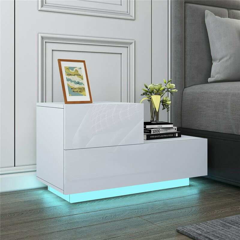 High Gloss Nights stand Unit LED Lights Modern Bedroom Furniture 2 Drawers Bedside Cabinet Tables
