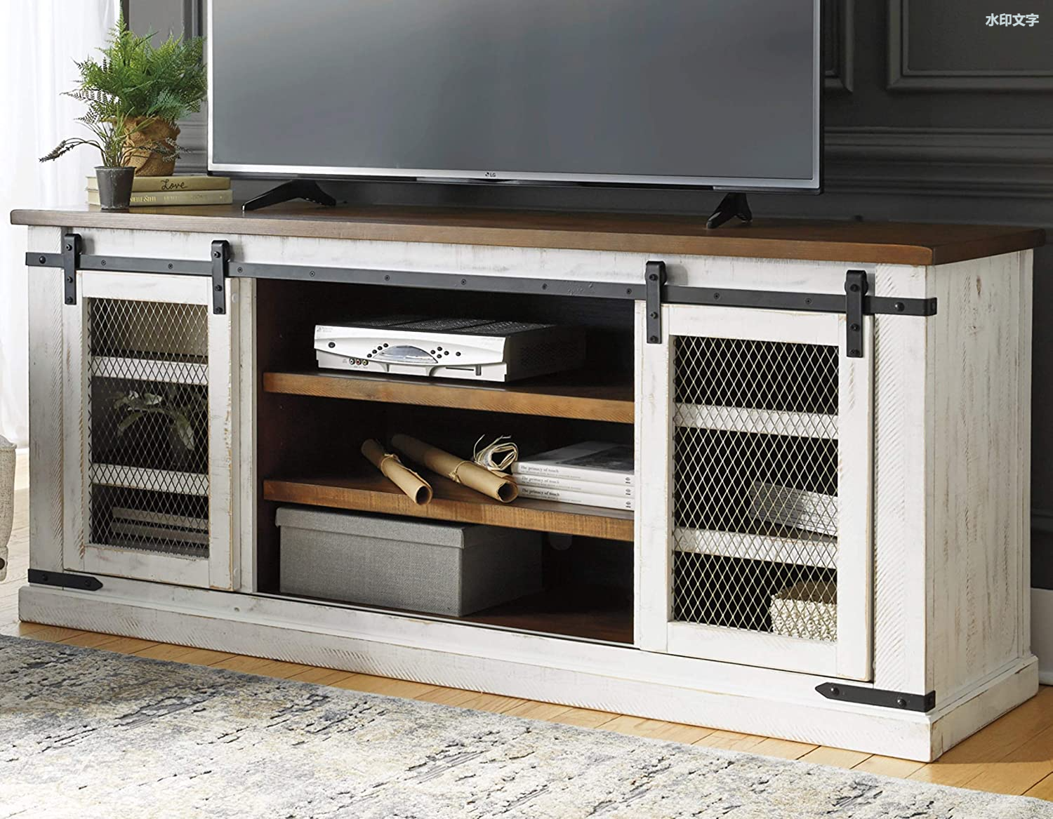 Farmhouse TV Stand Fits TVs up to 68", 2 Sliding Barn Doors and 6 Storage Shelves, White & Brown with Distressed Finish