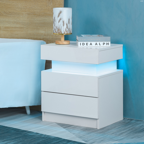 2023 Hot Style LED Nightstand High Gloss Bedside Tables with Adjustable Brightness Embedded LED Light Strip And 2 Drawer