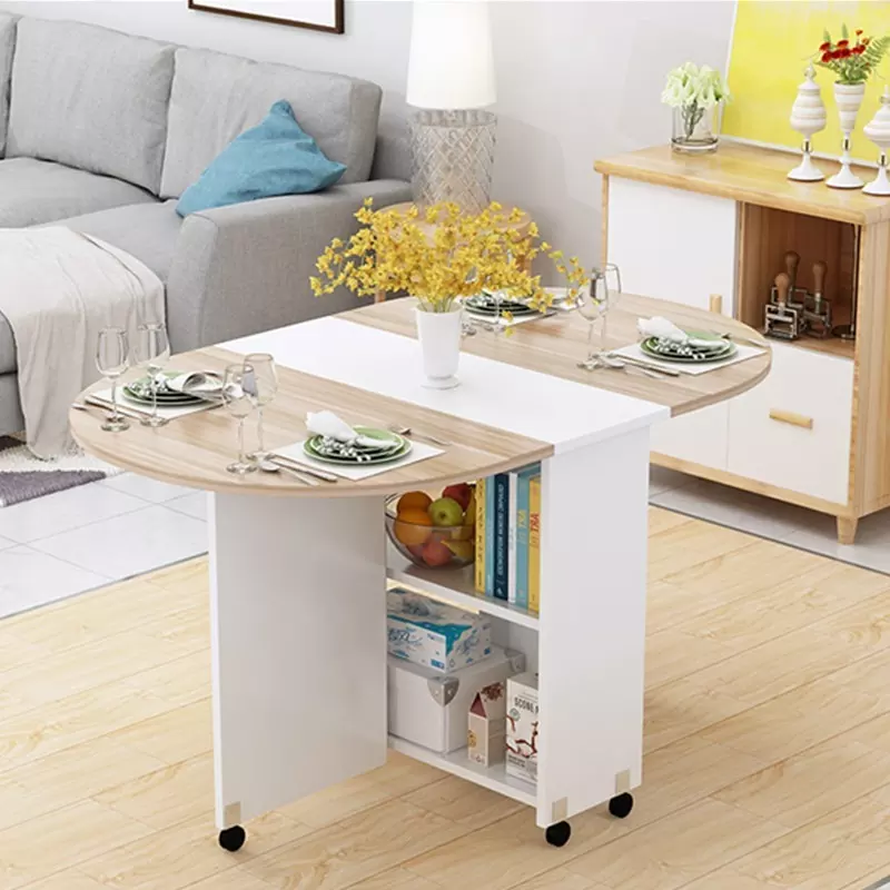 Folding Movable Dining Table With Multidirectional Wheel Wooden Kitchen Table Storage
